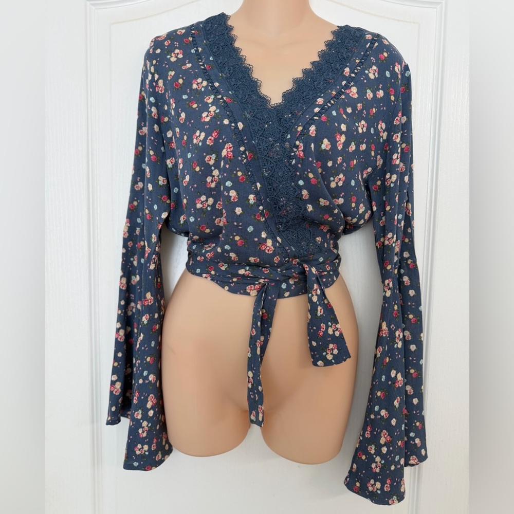 Polly & Esther Dark Blue Floral Waist Tie Boho Blouse Flared Sleeve, Size S